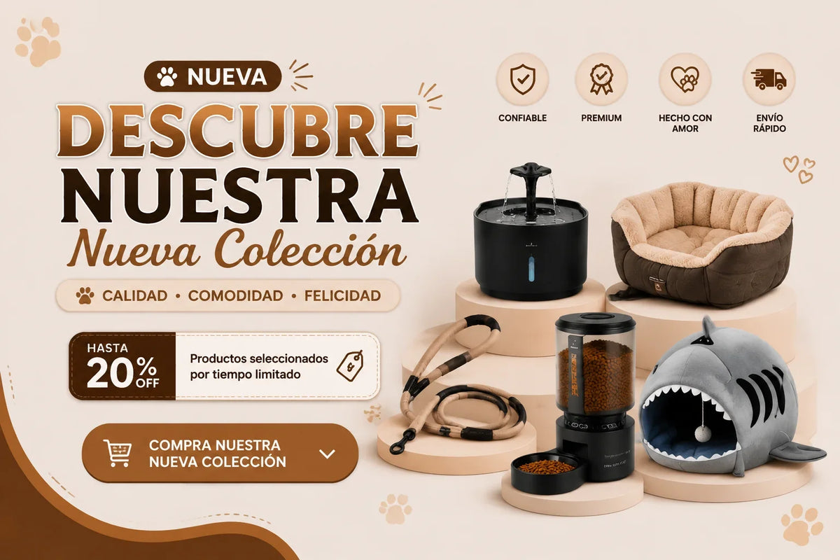 New pet collection featuring a water fountain, dog bed, leash, automatic feeder, and shark toy.